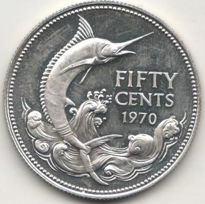 (1970) Монета Багамские острова 1970 год 50 центов &quot;Марлин&quot;  Серебро Ag 800  UNC